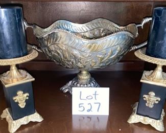 Lot 527.   $62.00  This is an awesome lot - the Centerpiece bowl, Metal repousee with adornments in relief, footed.   Candleholders in a somewhat neoclassical style can add a touch of class to an otherwise drab room.  I’m not a fan of the navy candles on here, but you could certainly use them in another setting.  See add’l. Photos