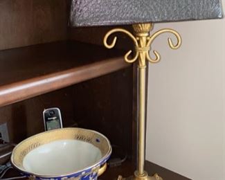 Lot 528.    $40.00  24” tall lamp with gold base, chain upon the shade (looks like a little like a purse).  The urn is pretty in the blue and gold and stands 7.5” tall x 8” in diameter.  I’m glad we put these two together as they really compliment each other
