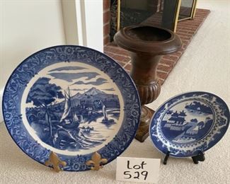 Lot 529.   $30.00. Brown metal vase  11.5” tall, Sun Ceramics of Japan.  Blue & White platter 12.5” diameter, and Blue and white round plate.   