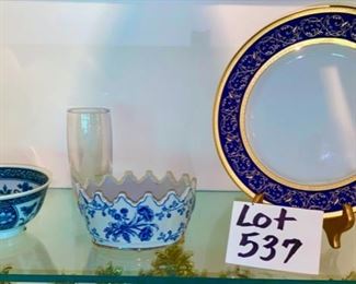 Lot 537 $40.00 Lot includes Blue and Gold Bohemian Plate Is “Sydney” by Carlsbad Bohemian Porcelain, by Andrea for Sadek, a De Kurslica (sp.!) Bowl from Sweden or it could be Dutch, glass bud vase with etching of woman.  Could be Orrefors but see no water mark or etching.