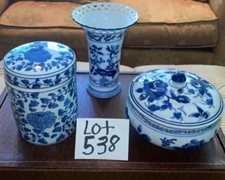 Lot 538.  $30.00  3 pieces of blue/white porcelain.  Open vase with reticulated top, and one covered canister, and a covered bowl as well.  