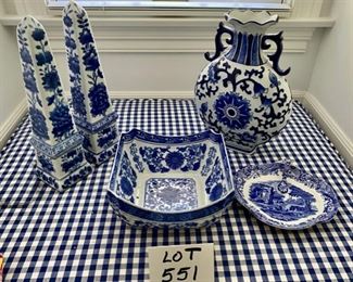 Lot 551. $65.00 Lot of 5 pieces blue and white porcelain. The piece on the far right was designed by Spode in Italy and manufactured in England. 