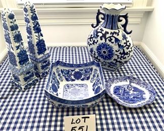 Lot 551.  $65.00  5 pc Blue and white porcelain Lot, Home Decor, chubby 2 handled vase, Spode  Italian Design Made in England Plate, 2 obelisk-shaped decor pieces and a bowl 