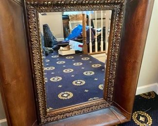 Lot 571.  $95.00  Leather Framed Beveled Mirror w/ Gold Accents. 55" x 42"