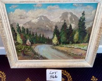 Lot 566.  $275.00 Mountain scene, original art, Oil.  Beautiful image - the artist is Albert Tolf, (1911-1996).  Abert was a prolific and well-known commercial artist in San Francisco from the 1950's to the '70's, who was best known for his paintings and cartoons about the city of San Francisco and its history.   He is a listed artist and his paintings fetch a pretty penny.  We love this piece.  