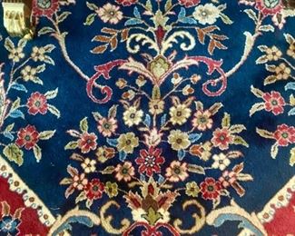 Lot 657  $3975.00  This is so lovely!!  Fritz & LaRue, 100% wool area rug. 13' x 9'2". KATMURI  RN 17723.  Navy Blue, Burgundy, medium blue and taupe color palette. Pristine condition.