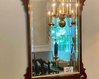 Lot 655. $495.00  Statton, beautiful Mahogany carved frame, beveled mirror.  Gold scallop accent with gold trim. 45" t by 28"w.