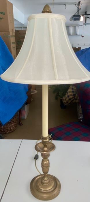 Lot 659.  $200.  Beautiful E.F. Chapman Brass candlestick lamp with acorn finial.  31" t, shade is 13' diameter. 