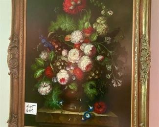 Lot 660. $375.00 Stunning large floral still-life oil painting by R.  Bennington. 39"x46.5" to the outside of the ornate gold frame.  R. Bennington is a British Impressionist and Modern artist.  His work has been offered at auction multiple times, with realized prices ranging from $150 USD to $1,520, depending on the size. The colors in this work are just incredible!
