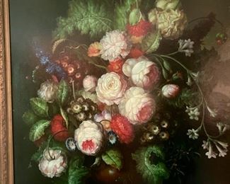 Lot 660. $375.00   Large floral oil painting by R.  Bannington. 39"x46.5" to the outside of the ornate gold frame