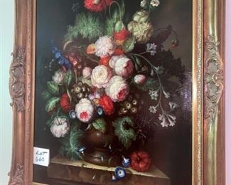 Lot 660. $375.00  Large floral oil painting by R.  Bannington. 39"x46.5" to the outside of the ornate gold frame