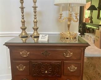 Lot 661. $650.00 Council Craftsmen, 4 drawer chest with custom glass topper. Cabriole legs.  Beautiful woodwork accents, ball and claw feet. 35"w,20"d,32"t