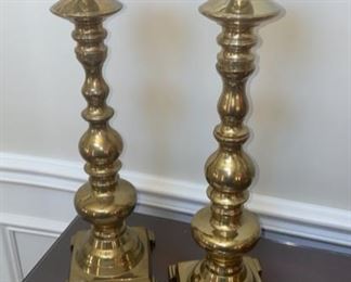 Lot 662. $60.00. Here's a pair of very nice pair of brass candlesticks, 19.5".   Heavy, made in India