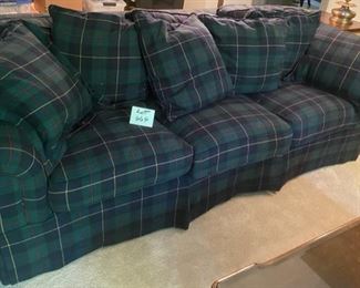 Lot 664. $575.00  Comfy down filled sofa by Beacon Hill. Timeless wool plaid upholstery. 94.5 W x 30" T x 41"D.