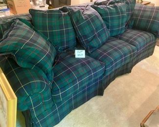 Lot 664. $575.00 . Comfy down filled sofa by Beacon Hill. Timeless wool plaid upholstery. 94.5w by 30" t by 41"d.