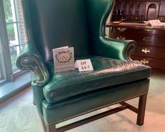 Lot 665. $350.00  Hancock & Moore, green leather wingback chair. Wing depth is 16", 46" tall to back of the chair. 