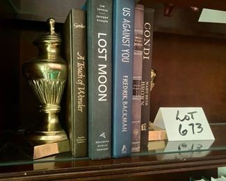 Lot 673.  $30.00. Two 8.75" tall bookends in the shape of chess pieces with 5 Hardcover books