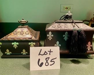 Lot 685.  $18.00 2 faux leather covered boxes with Fleur de lis stamped design.