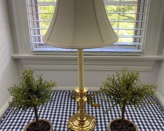 Lot 554.$40.00  Brass table lamp and 2 potted topiary (15") plants.  
