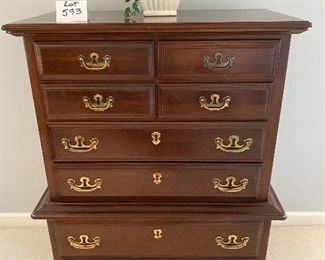 Lot 593. $1,200.00.  Kling Queen Bedframe and Mattress with Headboard and Footboard, Tallboy Dresser, Dresser, and 2 Night Stands.  