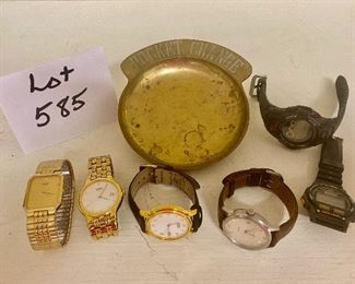 Lot 585. $40.00. 6 Men's Watches: 3-Seiko, 1-Timex, and 2 sport watches. Vintage brass coin dish for 'pocket change'