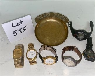Lot 585. $40.00.  6 Men's Watches: 3-Seiko, 1-Timex, and 2 sport watches. Vintage brass coin dish for 'pocket change'