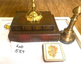 Lot 589.  $30.00 Office Decor: 2 faux books that are boxes, brass chess piece paperweight (we had a few of these last week too!), and brass desk lamp, beverage coasters.