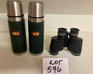 Lot 596. $25.00.  Sears binoculars, model 4732520300, fully coated optics, plus 2 Aladdin thermos bottles.