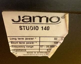 Lot 599. $40.00   Pair of Jamo  Studio 140 speakers.  Made in Denmark 220 x 500 x 210 mm / 8.7 x 19.7 x 8.3 inch 	10 kg / 22 lb 0.4 oz (22.026 lb)