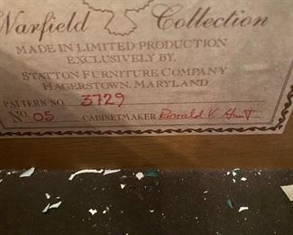 Lot 500. $3,200.00  Warfield Collection certificate - signed by the cabinet maker.