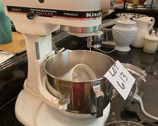 Lot 613   $148.00   Professional Model  KitchenAid Model KSM50P Stand Mixer, 350 Max Watts, 120 Volts.  White, with accessories, side of bowl protectors, 