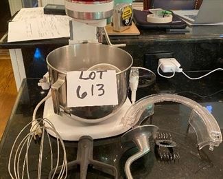 Lot 613   $148.00    KitchenAid Model KSM50P Professional Stand Mixer, 350 Max Watts, 120 Volts.  White, with accessories shown here, including side of bowl protectors,