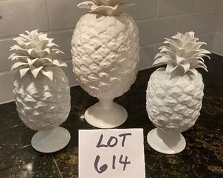 Lot 614.  $18.00  White porcelain Pineapple accent decor. 3 pc set