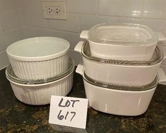 Lot 617. $25.00.   5 corning ware casseroles and 4 glass lids.  Excellent Lot.  Great Shape.  