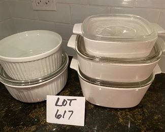 Lot 617. $25.00  5 corning casseroles and 4 glass lids