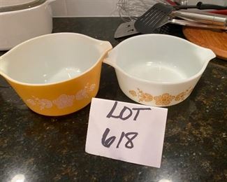 Lot 618.  $20.00   Two Pyrex Bowls; cute color and print.  Many folks collect these vintage Pyrex Bowls!  