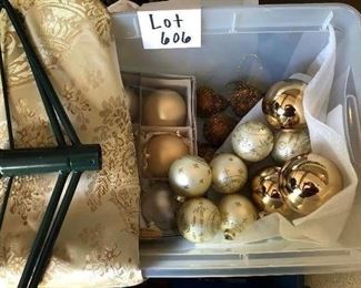 Lot 606. $38.00.  Elegant Christmas tree decor in a box! Ornaments, stand and skirt, all excellent condition.  