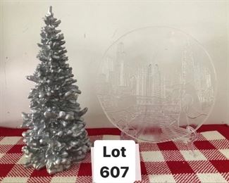 Lot 607: $18.00.  Dept 56 resin silver tree and Chicago plate.   Love this Chicago plate!!