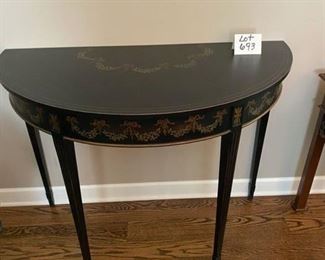 Lot 693.  $375.00. Beautiful Demi Lune Console (Half Moon Entry or Foyer Table) Hand decorated 45" wide at widest, x 35" tall. Owner paid over  $1100 from Geraldine Interiors at the Mart.  
