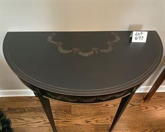 Lot 693.  $375.00. Beautiful Demi Lune Console (Half Moon Entry or Foyer Table) Hand decorated 45" wide at widest, x 35" tall. Paid over $1100 Merchandise Mart from Geraldine Interiors