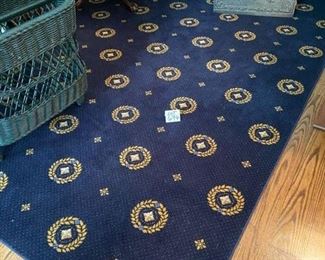 Lot 694. $495. Living Room Rug Navy, Gold and White 11'6" x  9'2" with Pad.  Custom made and bound. 