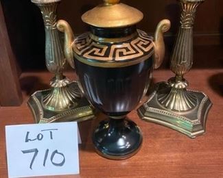 Lot 710. $40.00.   13" brass candlestiks with 5" sq base. and Greek style covered urn 11"x 6" diameter.