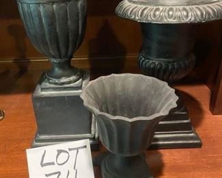 Lot 711   $30.00 Small cast iron Urn 7"x5.5" dia,  Covered resin jar on pedestal, 14" T x 5" sq base. Tall metal urn 11" by 8" diameter.