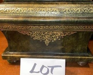 Lot 719. $15.00. Leather cover box with gold trim and brass handle 