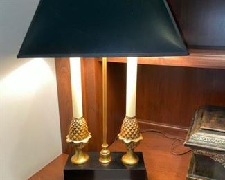 Lot 722. $95.00 Desk Lamp, brass with black shade, 10"x5" rectangular base faux double candles with a pineapple base