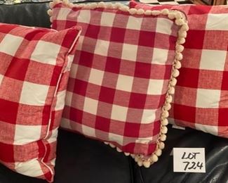 Lot 724. $20.00. Red buffalo plaid 19" pillows and 1 red buffalo plaid , fringed pillow