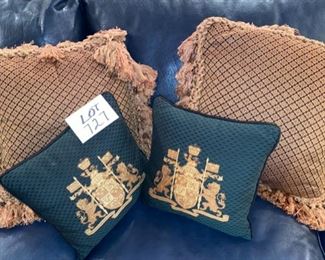 Lot 727. $40.00. Lot of 2 Gold fringed pillows 15"x15", plus 2 small green and gold pillows.