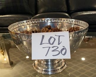 Lot 730  $15.00  Footed 8" silver tone bowl with fleur de lis decor with sparkly pinecones included