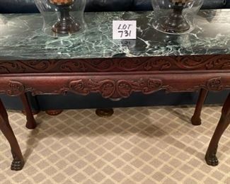 Lot 731. $425. Beautiful Marble top console/sofa table. The details!!! Measurements: 18d"x52"w and 32" tall