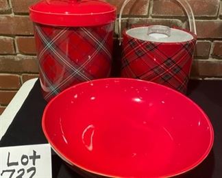 Lot 732.  $40. Lot of 3 Williams-Sonoma Red Tartan Plaid ceramic canister/cookie jar, salad bowl and plastic ice bucket